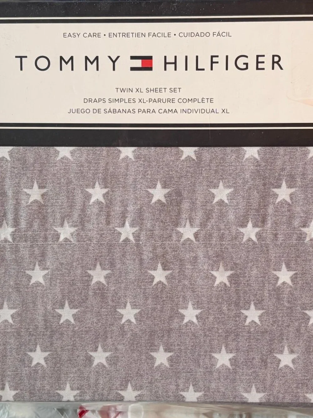 Tommy Hilfiger TWIN XL Sheet Set White Stars on Gray Easy Care Cotton Blend